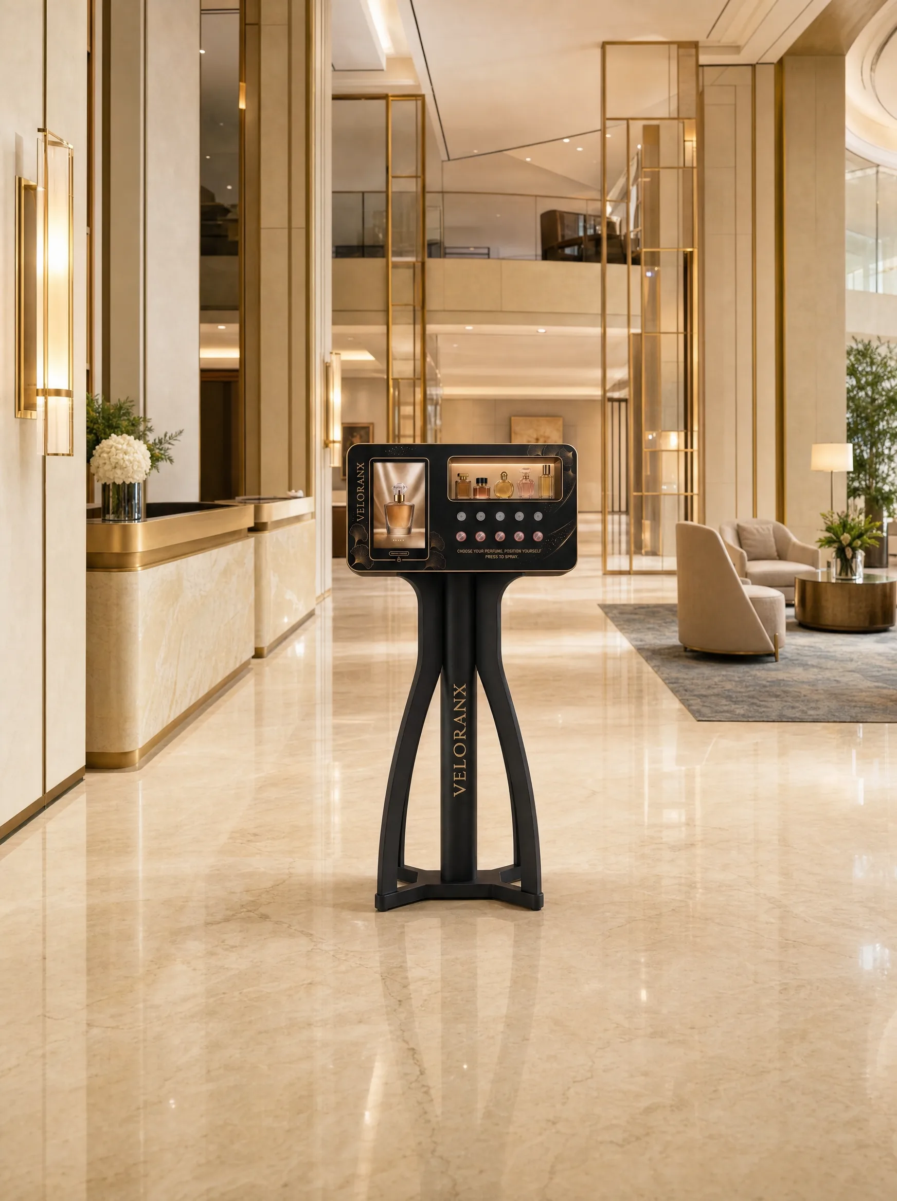 A VeloranX machine standing in a luxury hotel lobby